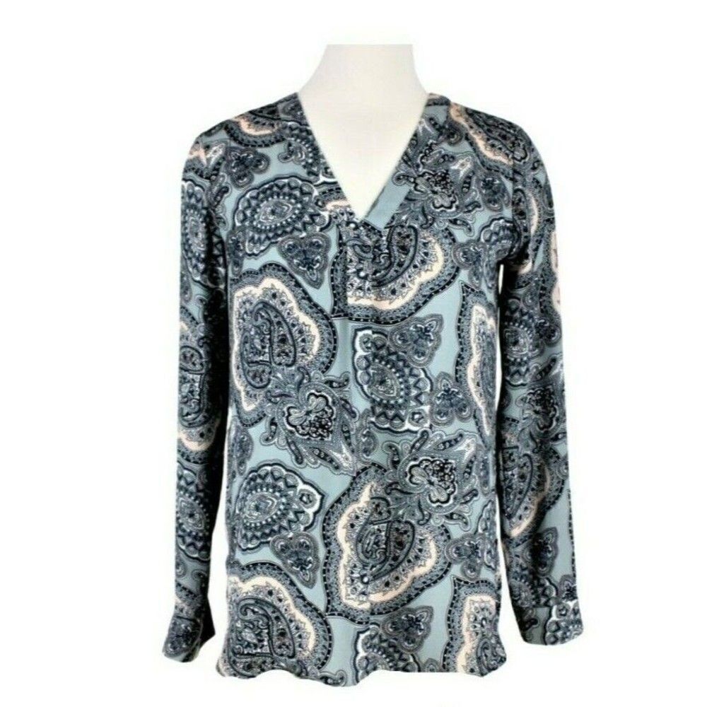 Ann Taylor V-Neck Pullover Blouse Paisley Long Roll-Tab Sleeve Blue Women's XS